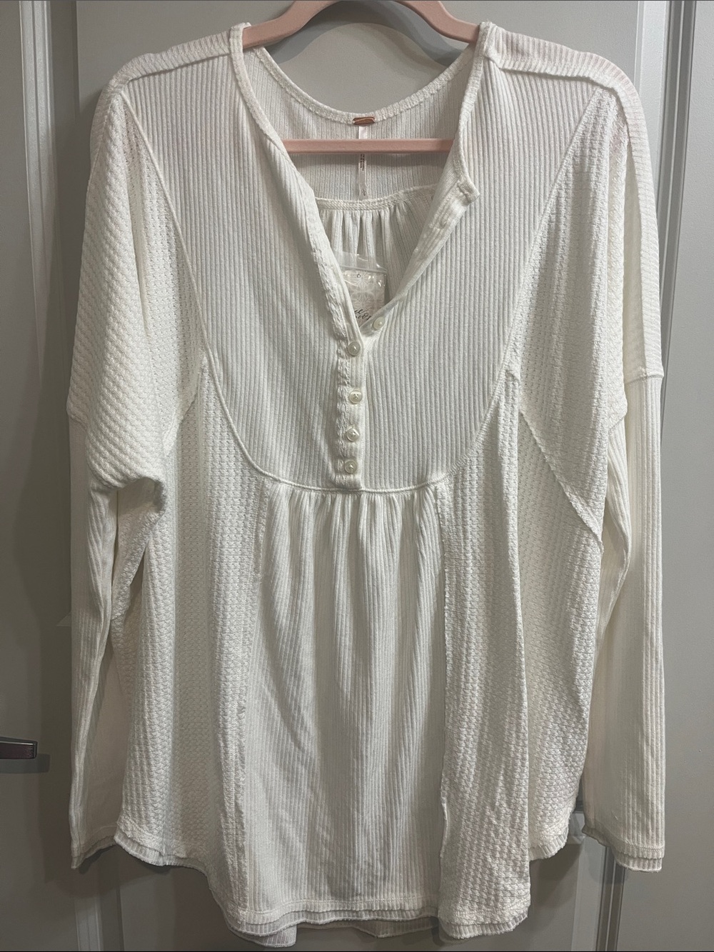 Free People Cream White Textured Henley Long Sleeve Top